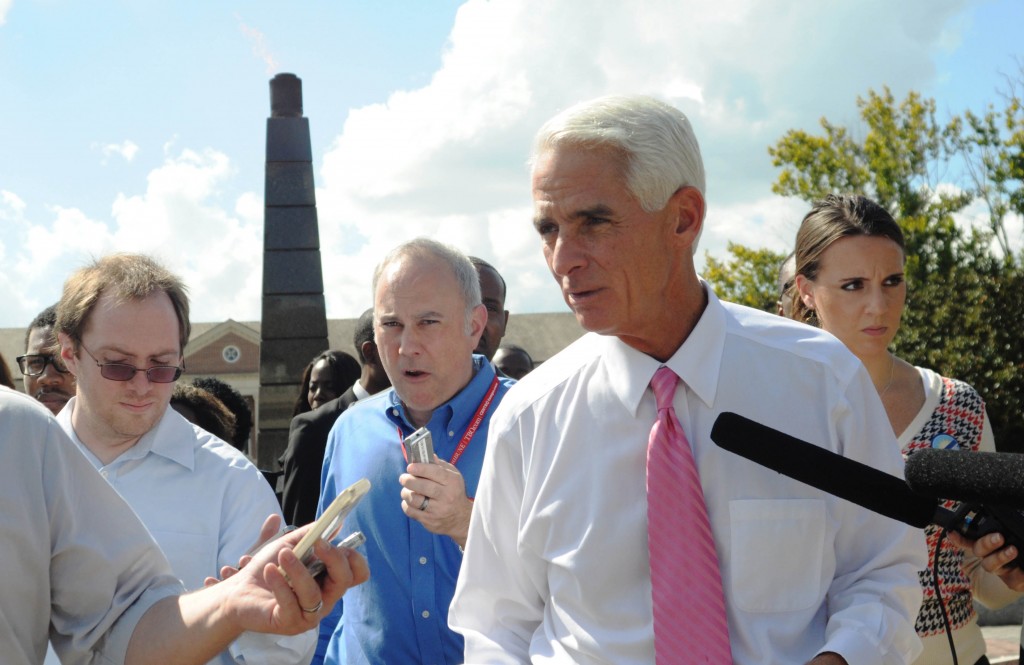 D.A. Robin/The Famuan; 09/23/2014 @ The Quad Former Florida Gov. Charlie Crist speaks to reporters Wednesday on the Florida A&M quadrangle after hosting a workshop for FAMU student leaderships. Crist is on the campaign trail and vying to succeed Gov. Rick Scott after elections in November.