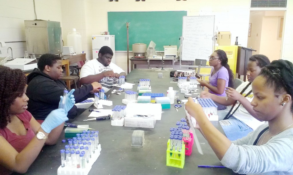 AKANE SIMPSON/The Gramblinite CMAST students practicing their measuring and sampling techniques in the biology lab.