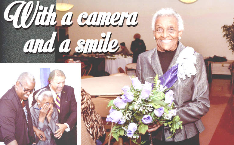 Dr. Thelma Alice Smith Washington Williams smiles at her 90th birthday surprise party in the Grambling Community center. In insert, she is escorted by Steve Favors and daughter Alyson.