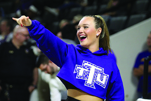 Tech’s Senior dance team member Sarah Rose cheers on the men’s basketball team at the Hooper Eblen Center on Jan 31.