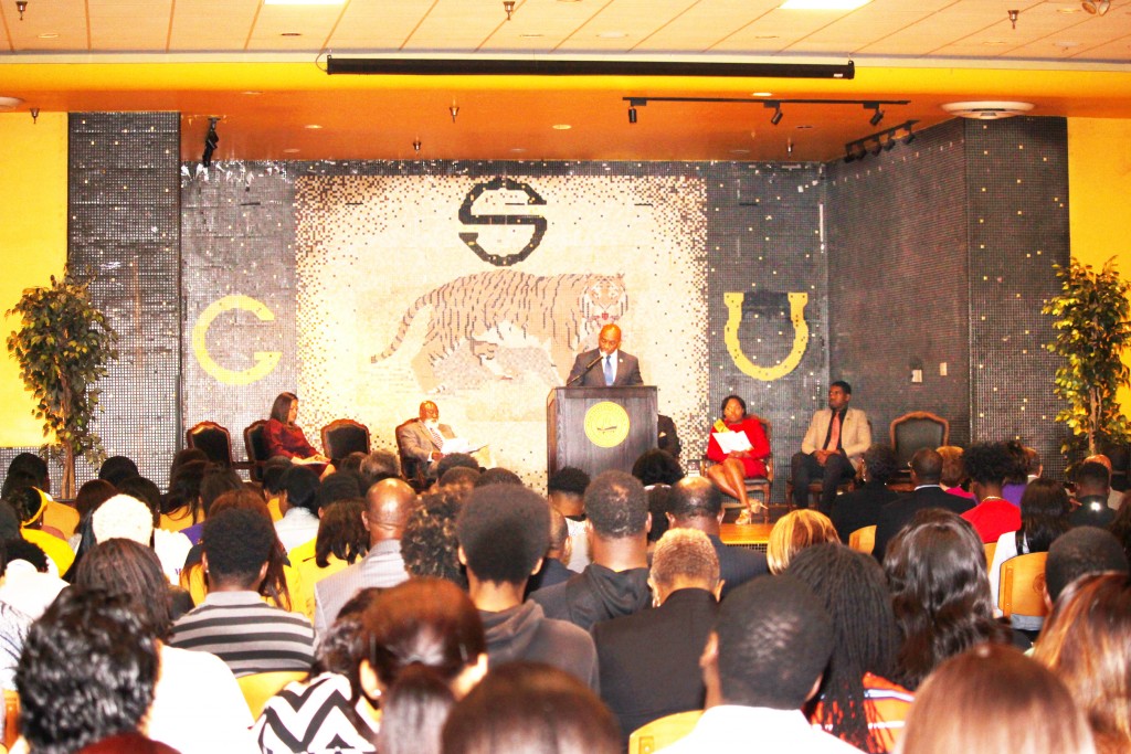 KANESHA DOUGLAS/The Gramblinite James Cole, deputy secretary of the Department of Education, talks to Grambling State students and other audience members about the place that HBCUs hold in producing African American degree holders.
